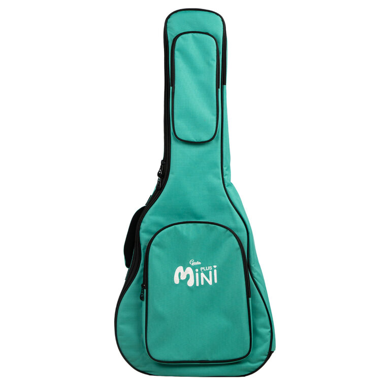 Turquoise guitar case with black piping and a front pocket, standing upright with a MINI logo on the front ขายราคาพิเศษ