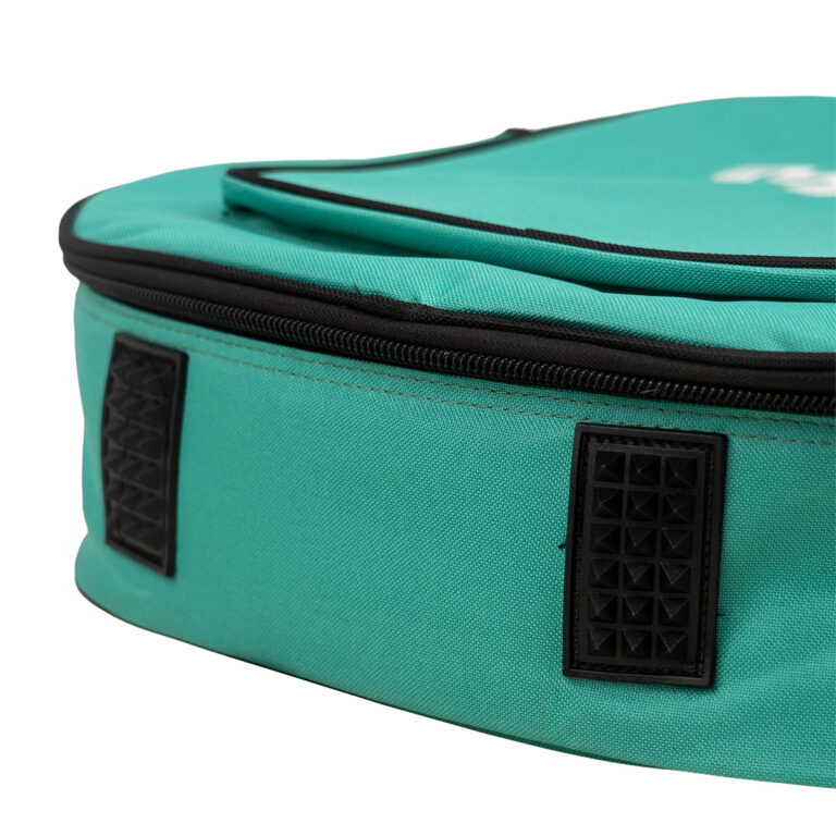 Close-up of a teal fabric bag showing a black zipper and two black square-reinforced handles. ขายราคาพิเศษ