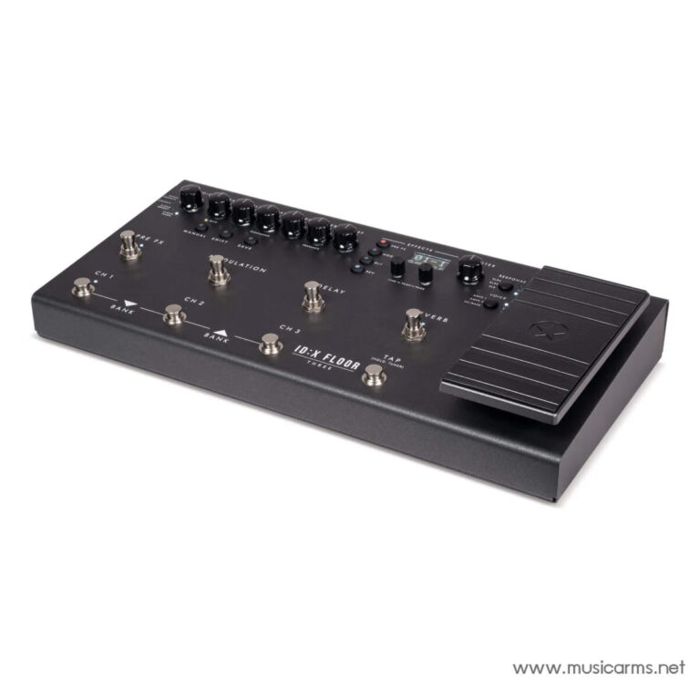 Black multi-effects guitar pedal with three footswitches, numerous knobs, and a large expression pedal on the right; used to shape guitar tones. ขายราคาพิเศษ
