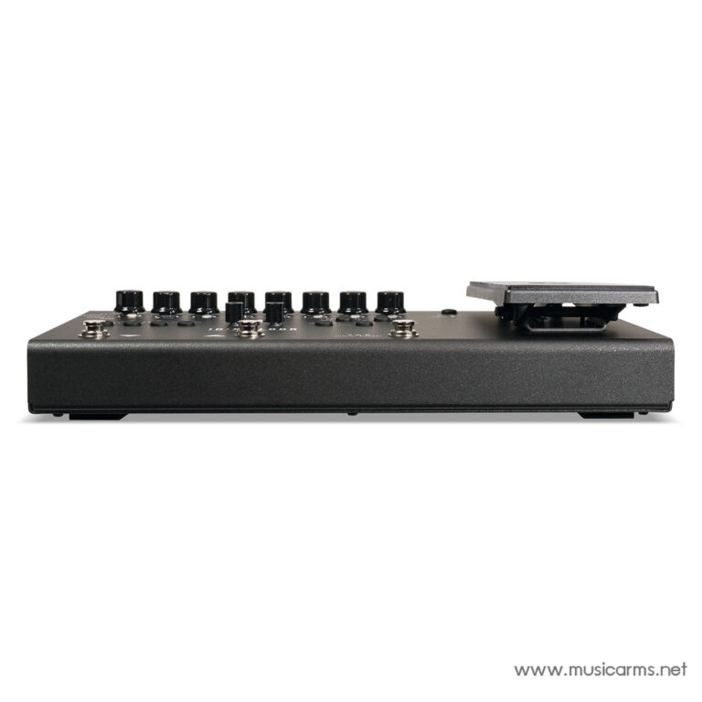 Side view of a black guitar effects pedal with multiple knobs and a large expression/X pedal on the right ขายราคาพิเศษ