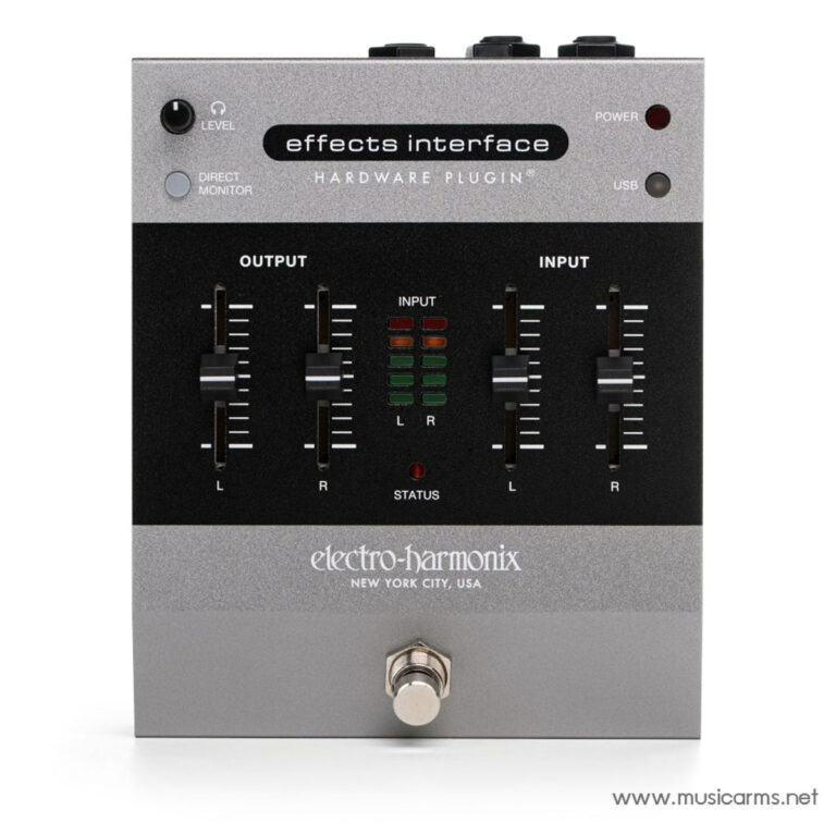 Electro-Harmonix Effects Interface hardware plugin with input and output level sliders, LED status lights, and a footswitch on a gray metal panel. ขายราคาพิเศษ
