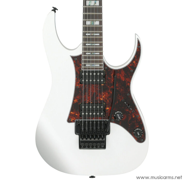 White solid-body electric guitar with a dark tortoiseshell pickguard, two humbucker pickups, and a Floyd Rose-style tremolo. ขายราคาพิเศษ