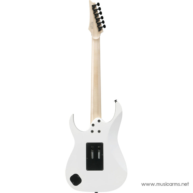Rear view of a white solid-body electric guitar with a natural maple neck and six inline tuners, against a white background, showing the back cavity plate and strap bolt area. ขายราคาพิเศษ