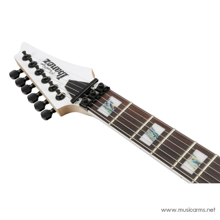 Close-up of a white Hagström electric guitar headstock with tuning pegs and strings, transitioning to a dark fretboard with rectangular inlays ขายราคาพิเศษ