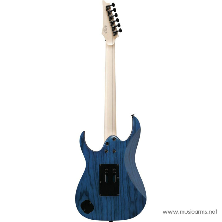 Blue solid-body electric guitar photographed from the back, showing a natural maple neck and a black back control plate on the body surface. ขายราคาพิเศษ