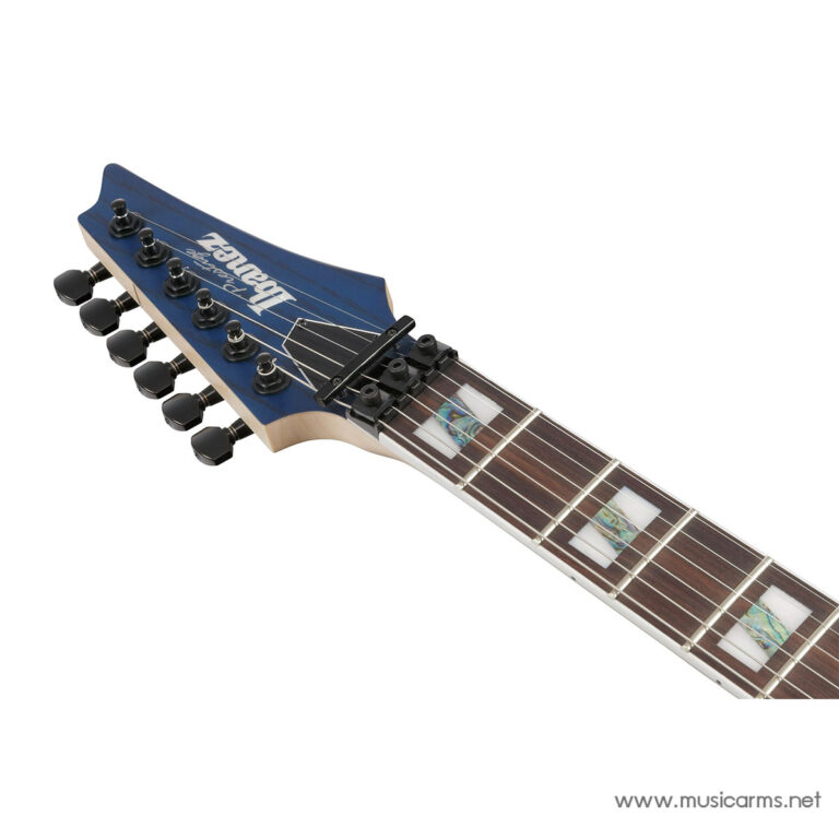 Blue electric guitar headstock with six tuning pegs and a locking nut, angled along a dark fretboard with decorative inlays. ขายราคาพิเศษ