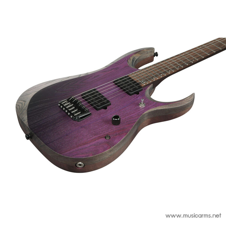 Purple electric guitar with two humbucker pickups, a chrome bridge, and black control knobs on a purple wood-grain body with natural edge ขายราคาพิเศษ