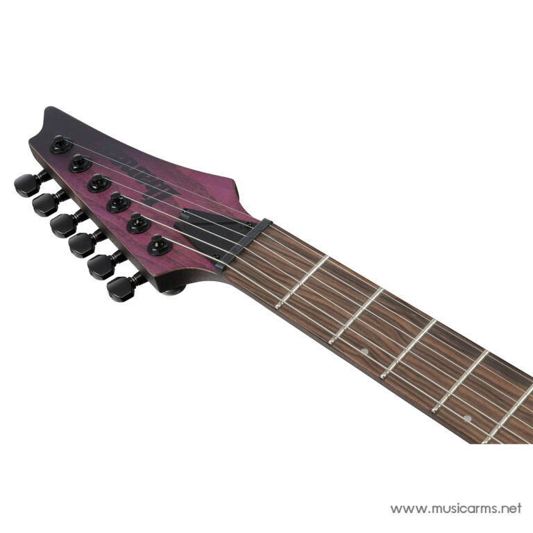 Close-up of a purple electric guitar headstock with six tuning pegs and strings over the fretboard. ขายราคาพิเศษ
