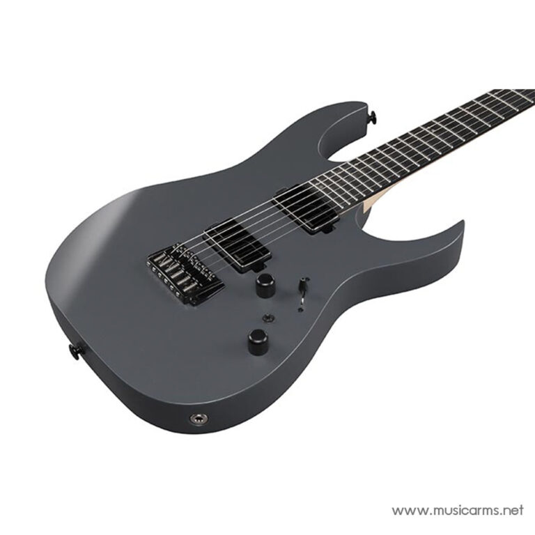 Gray solid-body electric guitar with two humbucker pickups and a hardtail bridge, viewed from a lower-left angle on a white background ขายราคาพิเศษ