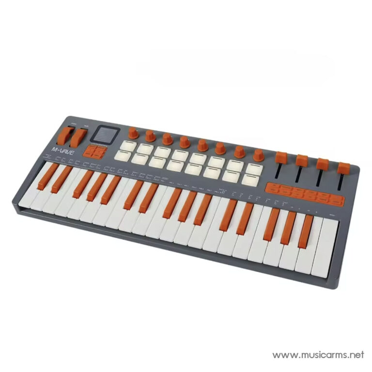 Portable electronic keyboard/synth with white and orange keys and orange control knobs, angled view ขายราคาพิเศษ