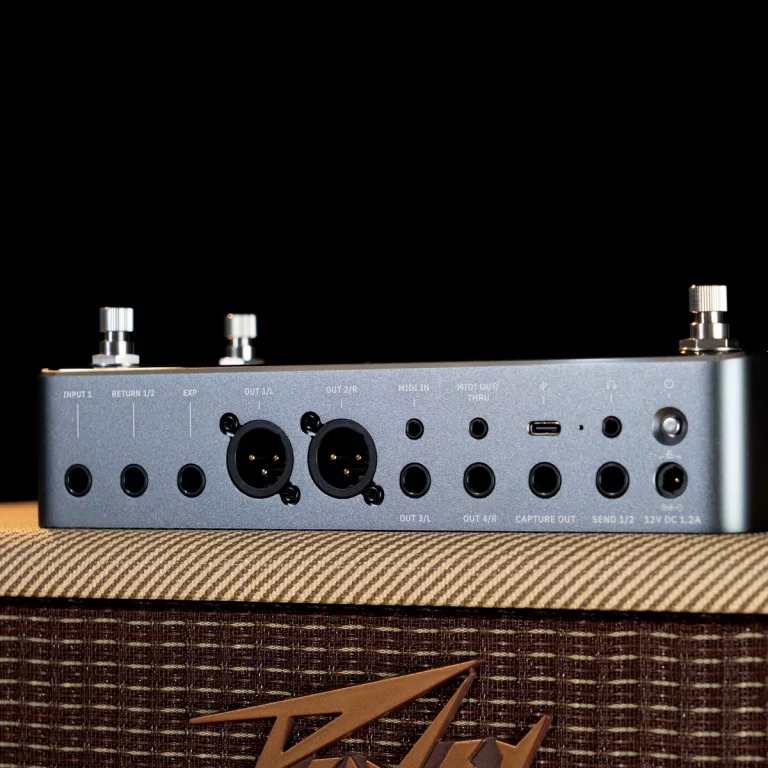 Close-up of a gray audio interface rear panel showing two XLR/1/4