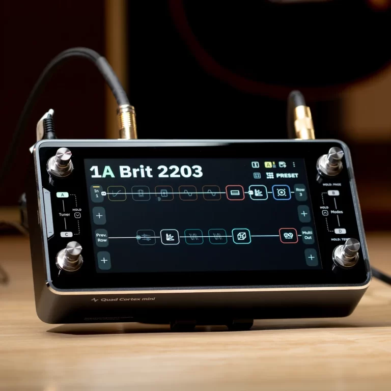 Quad Cortex mini guitar processor on a wooden table, displaying a touchscreen pedalboard interface labeled '1A Brit 2203' ขายราคาพิเศษ