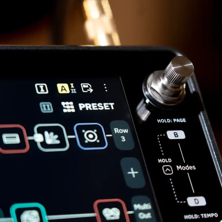 Close-up of a touchscreen device showing a 'PRESET' label and app icons, with a silver metal knob on the right side and dark background. ขายราคาพิเศษ