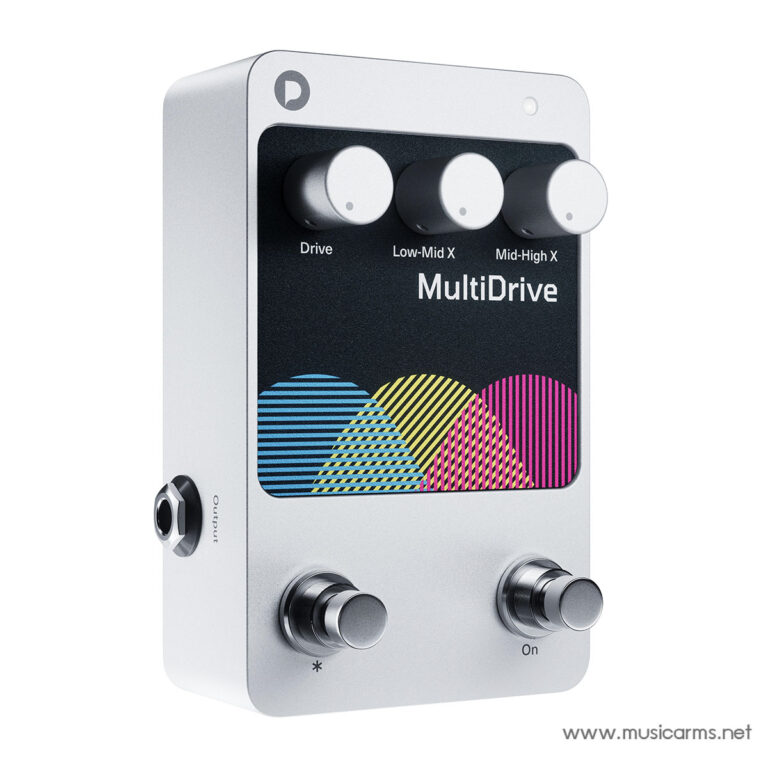 Guitar effects pedal with three knobs (Drive, Low-Mid X, Mid-High X) and colorful wave graphic, two footswitches below the display area ขายราคาพิเศษ