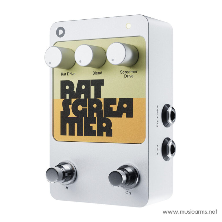 Silver guitar effects pedal with three knobs labeled Rat Drive, Blend, and Screamer Drive, two footswitches, and a side input jack (MusicArms branding visible). ขายราคาพิเศษ