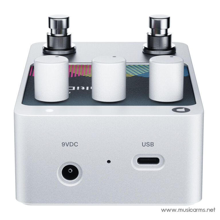 Silver guitar effect pedal with three white knobs, 9V DC input and USB port visible on the front panel. ขายราคาพิเศษ