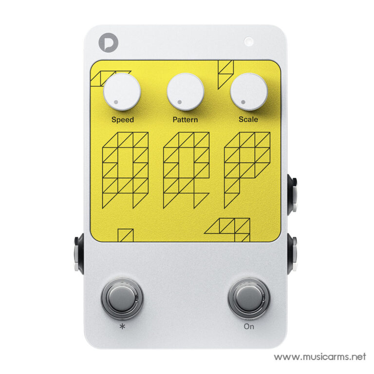 Guitar effects pedal with a bright yellow display showing geometric pattern shapes and three knobs labeled Speed, Pattern, and Scale, plus two footswitches below. ขายราคาพิเศษ
