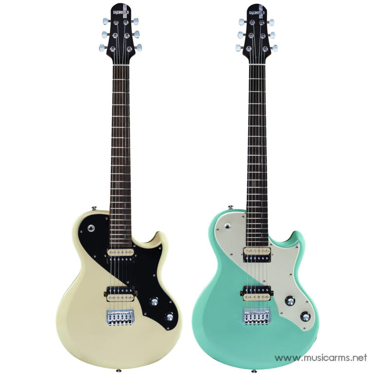 Two solid-body electric guitars standing upright side by side: cream guitar with black pickguard on the left, turquoise guitar with pearl pickguard on the right, both with maple necks and double-cutaway bodies for sale on a white background. ขายราคาพิเศษ