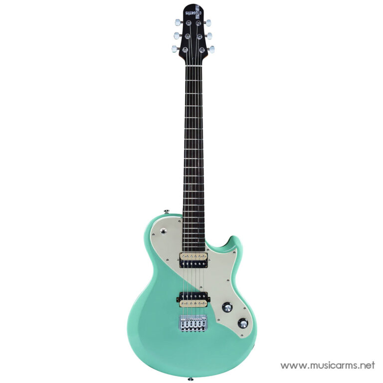 Teal solid-body electric guitar with cream pickguard, two pickups, and chrome bridge on a white background. ขายราคาพิเศษ