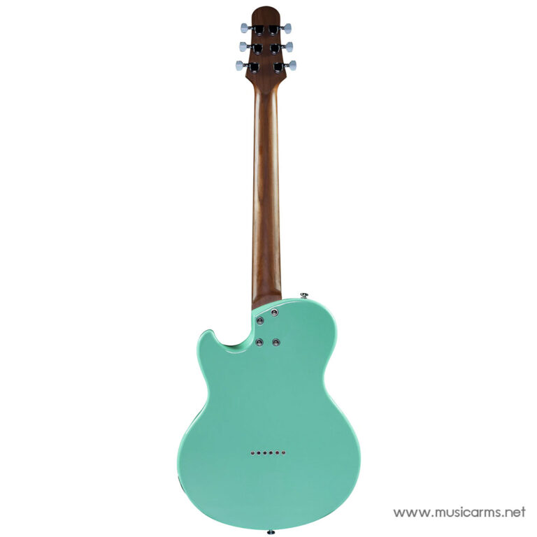 Rear view of a turquoise single-cutaway electric guitar with a brown neck and six tuning pegs on the headstock. ขายราคาพิเศษ