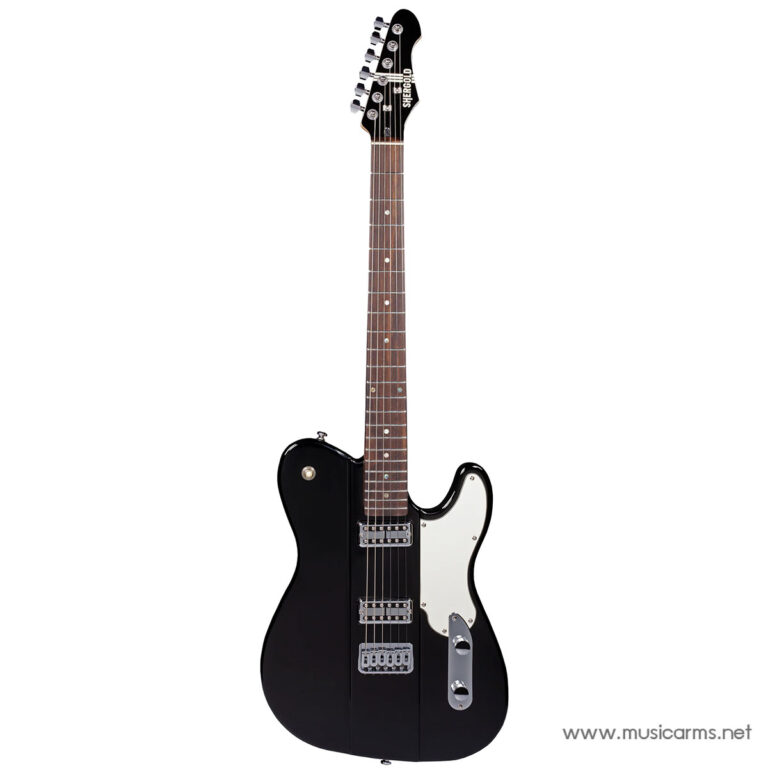 Full-length view of a black solid-body electric guitar with a white pickguard and chrome hardware on a white background. ขายราคาพิเศษ