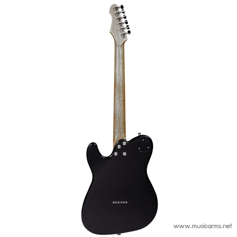 Back view of a black electric guitar with a maple neck and natural wood grain, showing the body contours, control cavity plates, and rear strap buttons ขายราคาพิเศษ