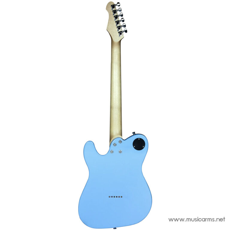 Blue solid-body electric guitar with maple neck, shown from the back, featuring a circular control cavity cover and string ferrules on a white background. ขายราคาพิเศษ