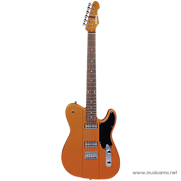 Orange solid-body electric guitar with a black pickguard and two pickups, full view on a white background. ขายราคาพิเศษ