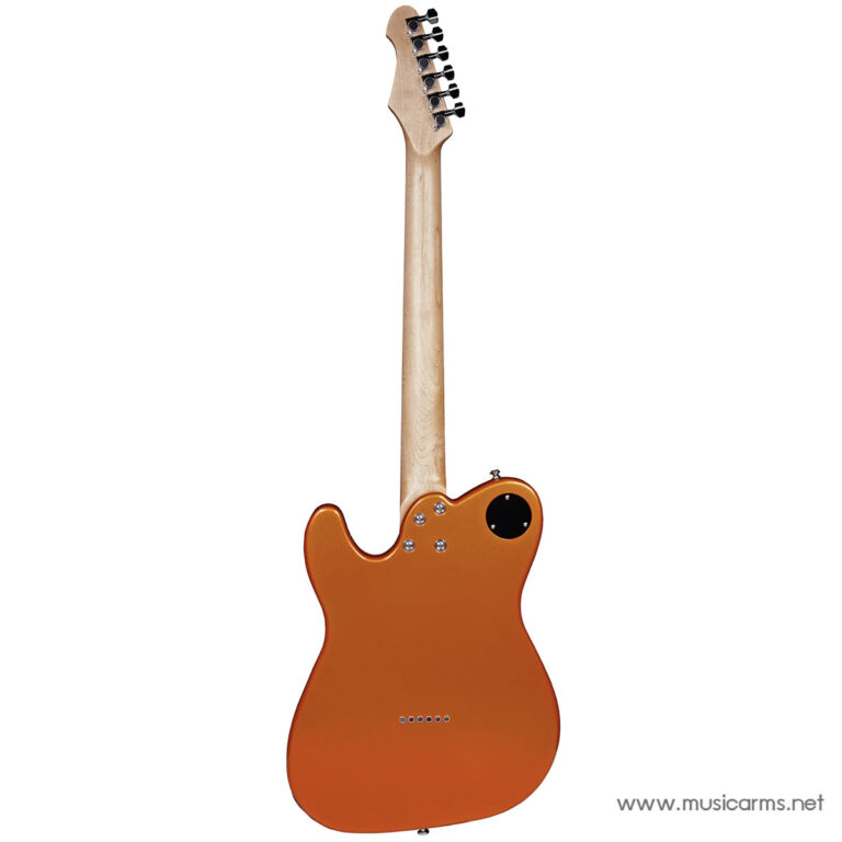 Back view of an orange electric guitar with maple neck, showing back cover plate and bridge area on a white background ขายราคาพิเศษ