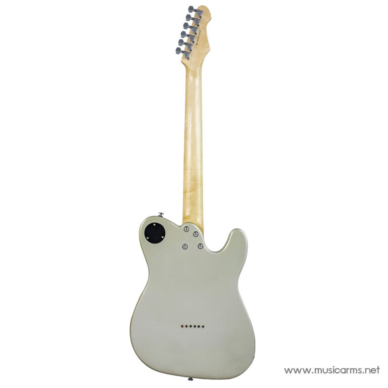 Back view of a light gray electric guitar with a maple neck and cutaway, showing rear control cavity plate and strap button. ขายราคาพิเศษ