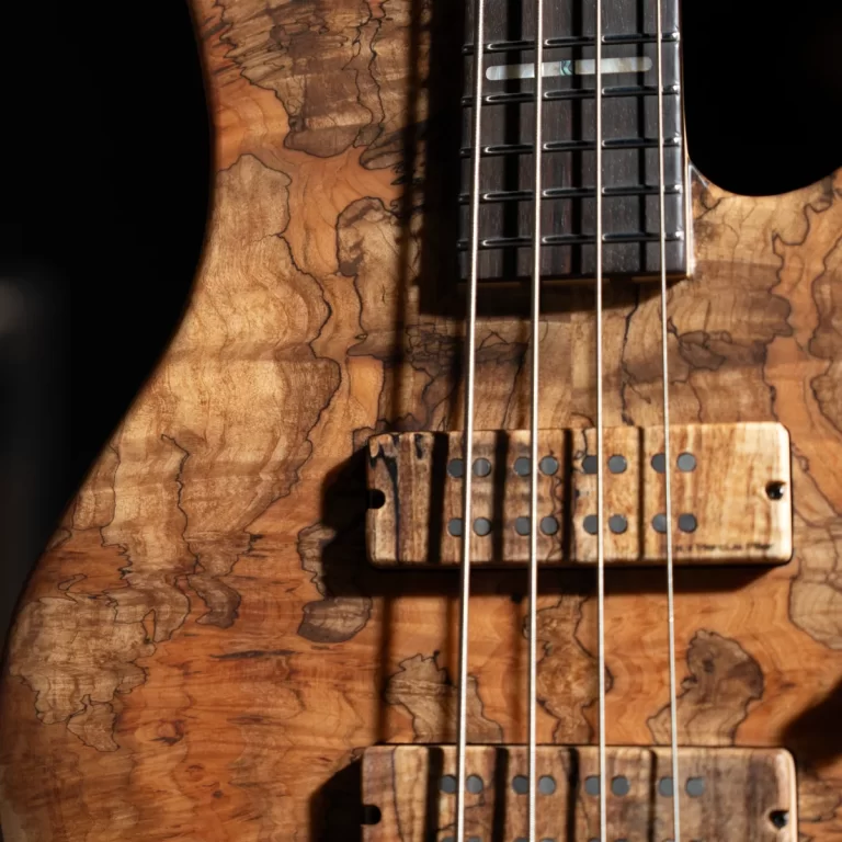 Close-up of a carved, figured wood electric guitar body with two pickups and four strings visible ขายราคาพิเศษ