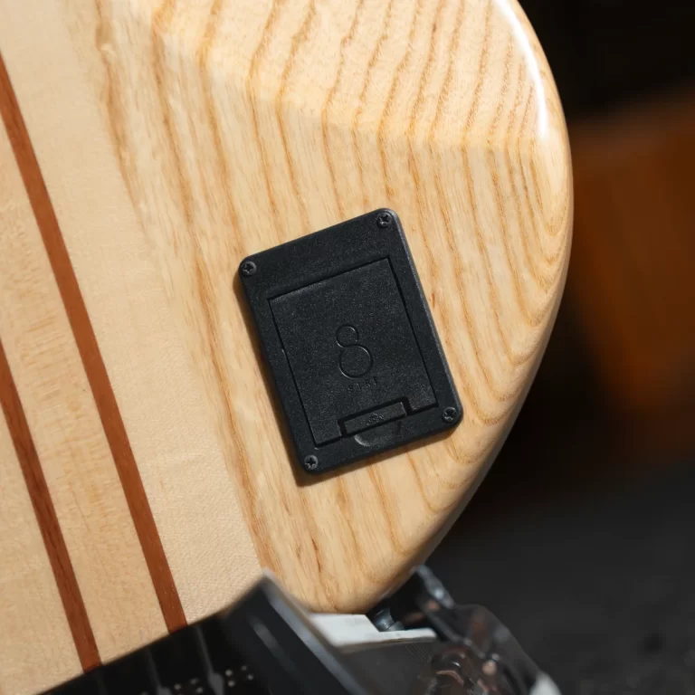 Back of an electric guitar showing a black rectangular battery/controls cover plate secured with four screws, on a natural wood body with a stripe detail. ขายราคาพิเศษ