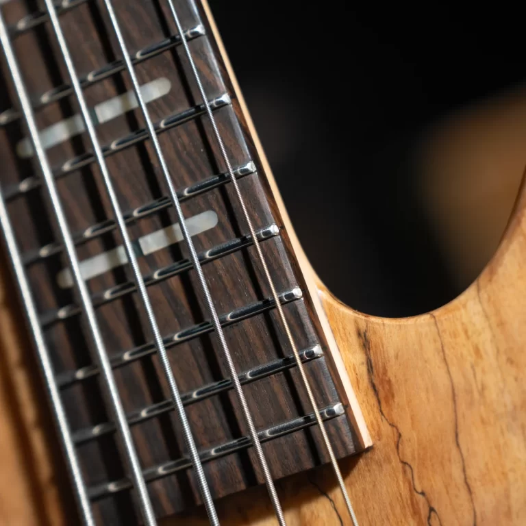 Close-up of a wooden guitar fretboard with metal frets and strings against a dark background. ขายราคาพิเศษ