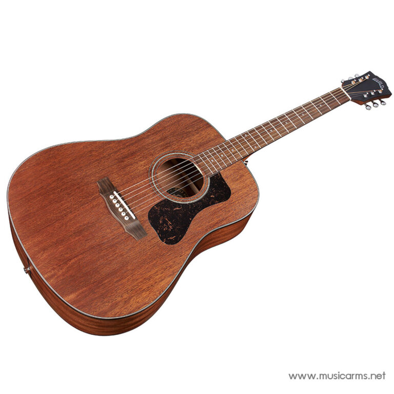 Brown acoustic guitar with a dark pickguard, six strings, and a wood grain finish on a white background (angled view). ขายราคาพิเศษ