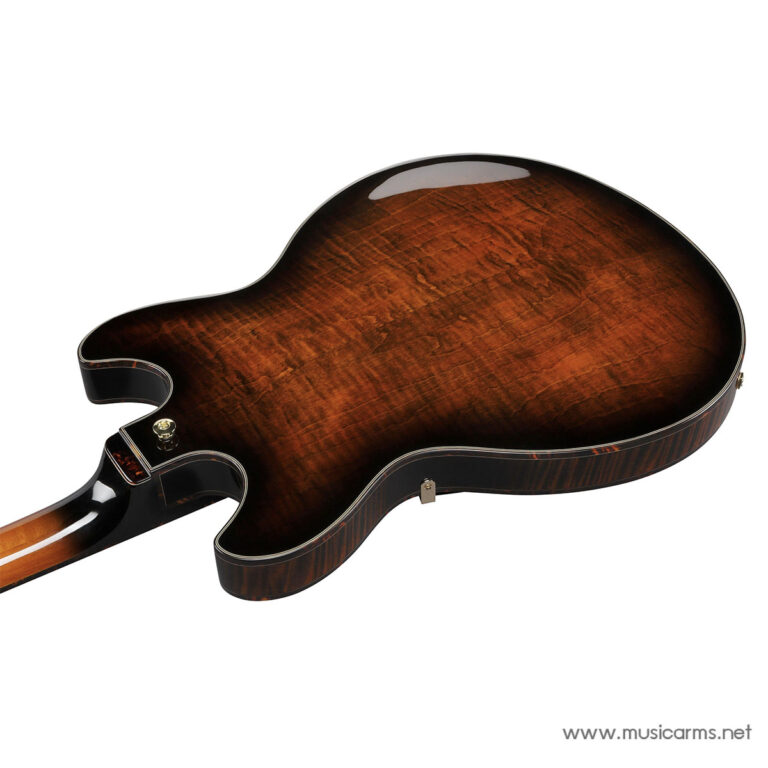 Back view of a sunburst hollow-body guitar with a carved flame maple top, glossy finish, and cutaway. ขายราคาพิเศษ