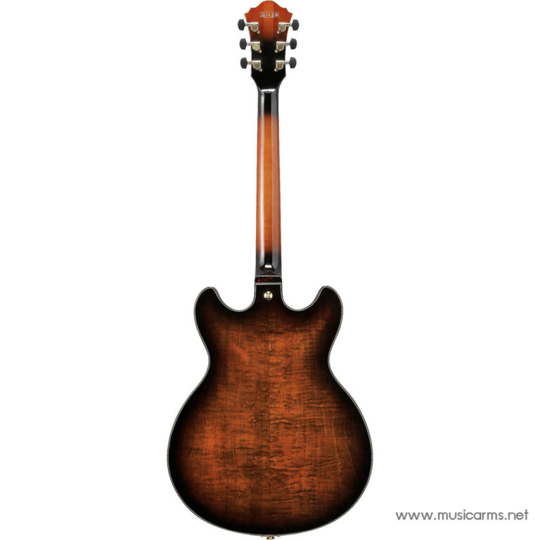Back view of a sunburst flame maple semi-hollow electric guitar with a tinted orange-brown finish and dark edges ขายราคาพิเศษ