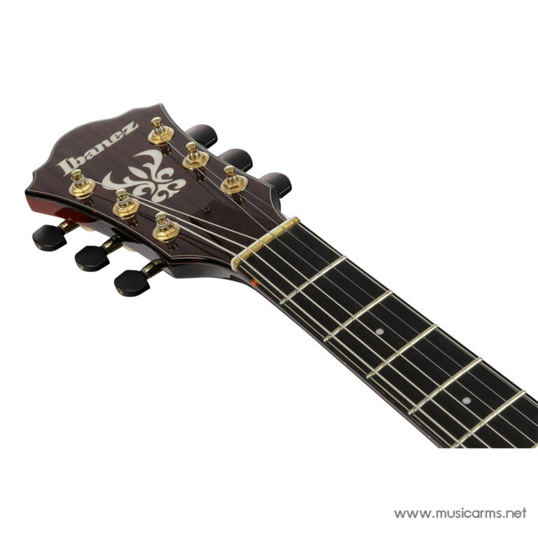 Ibanez guitar headstock with gold tuning pegs and ornate white inlay on a dark finish ขายราคาพิเศษ