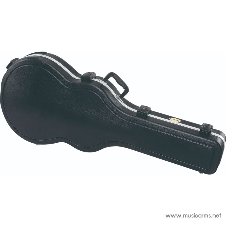 Hard-shell black guitar case with silver latches and a carrying handle, shown from the side. ขายราคาพิเศษ