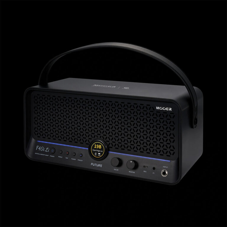 Portable black speaker with a curved handle, front perforated grille, and control panel marked F40 Li on a dark background. ขายราคาพิเศษ