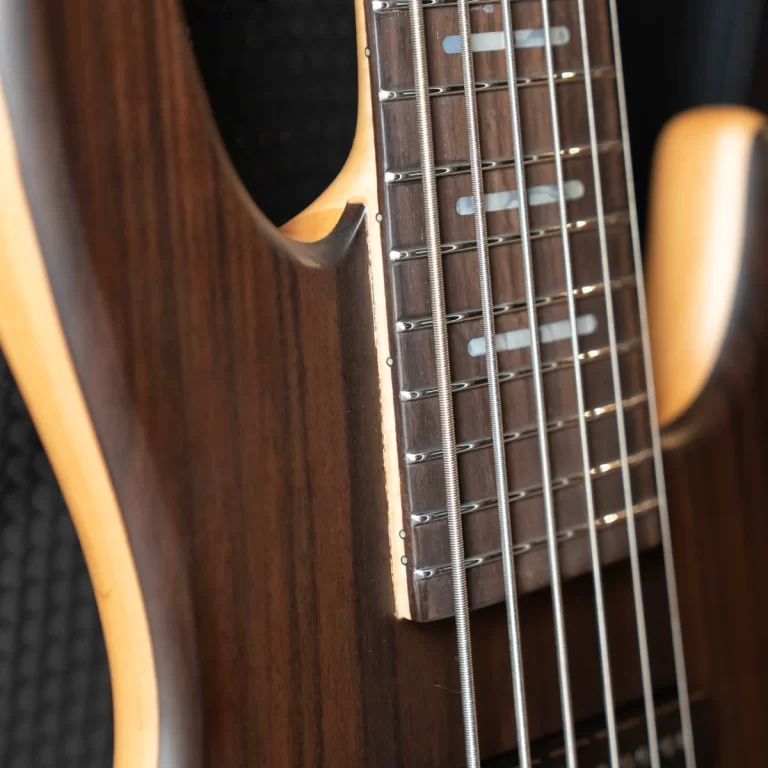 Close-up of a wooden guitar neck with six steel strings and frets visible ขายราคาพิเศษ