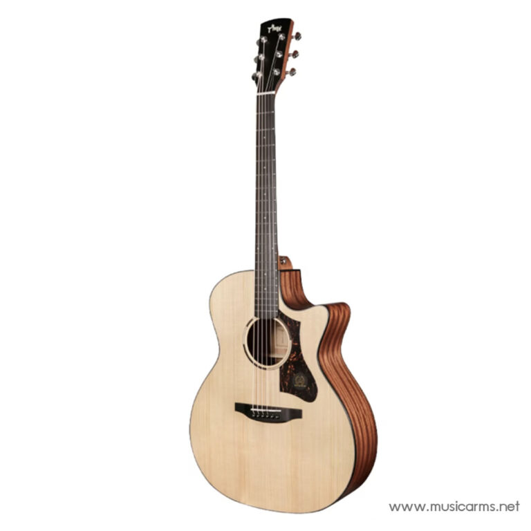 Natural finish Taylor acoustic guitar with a cutaway body, steel strings, and a tortoiseshell pickguard. ขายราคาพิเศษ