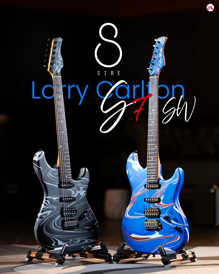 Two marbled electric guitars on stands in a dark stage setting, blue and gray swirled finishes with a white Sire logo above. ขายราคาพิเศษ