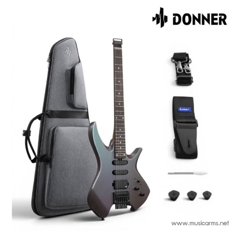 Donner electric guitar with a grey gig bag and accessories: strap, tuner, picks, and screwdriver. ขายราคาพิเศษ