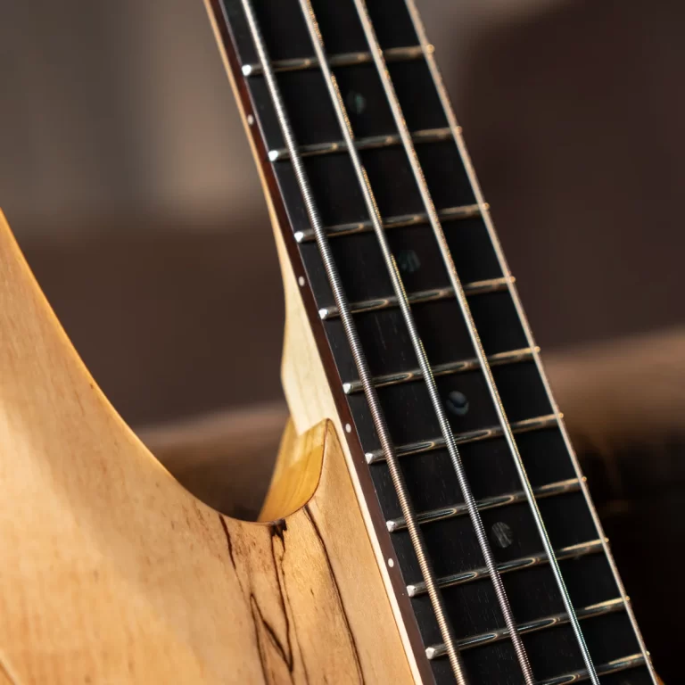Close-up of a wooden guitar neck and metal strings on an acoustic guitar fretboard. ขายราคาพิเศษ