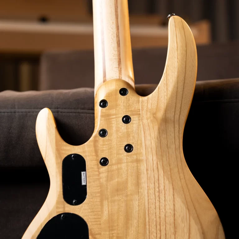 Back view of a natural-finish electric guitar, showing the neck joint and black rear cavity plates on a wood grain body. ขายราคาพิเศษ
