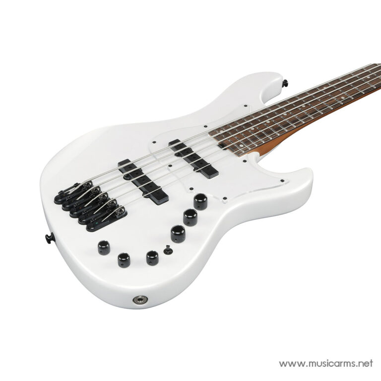 Product photo of a white electric bass guitar with four strings, two pickups, and multiple black control knobs, angled view. ขายราคาพิเศษ