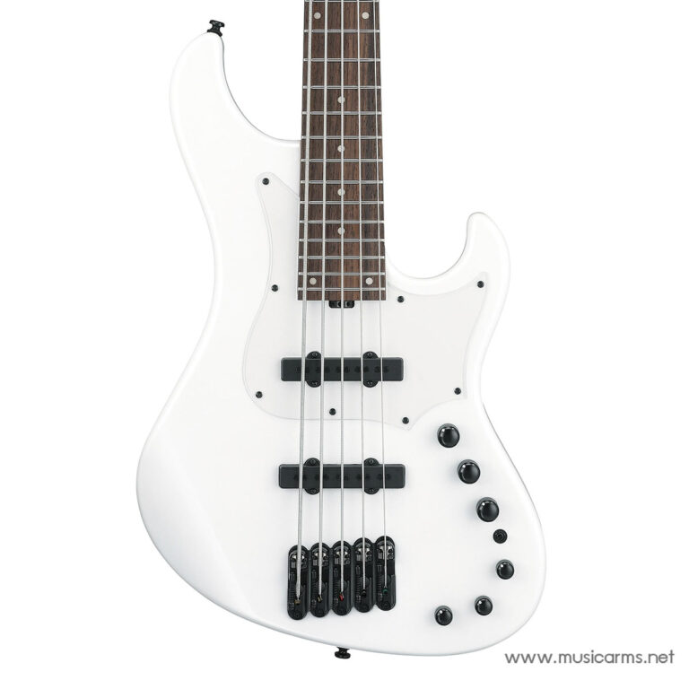White electric bass guitar with a brown rosewood fretboard, two pickups, and multiple control knobs in a white finish. ขายราคาพิเศษ