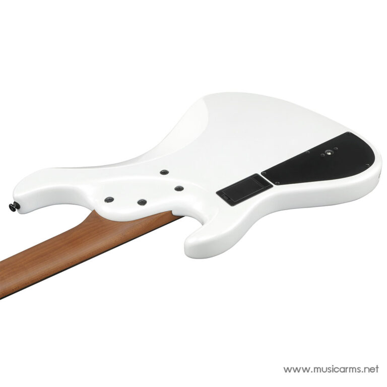 Back of a white electric guitar with a wooden neck and black electronics plate visible on the body of the guitar neck joint area ขายราคาพิเศษ