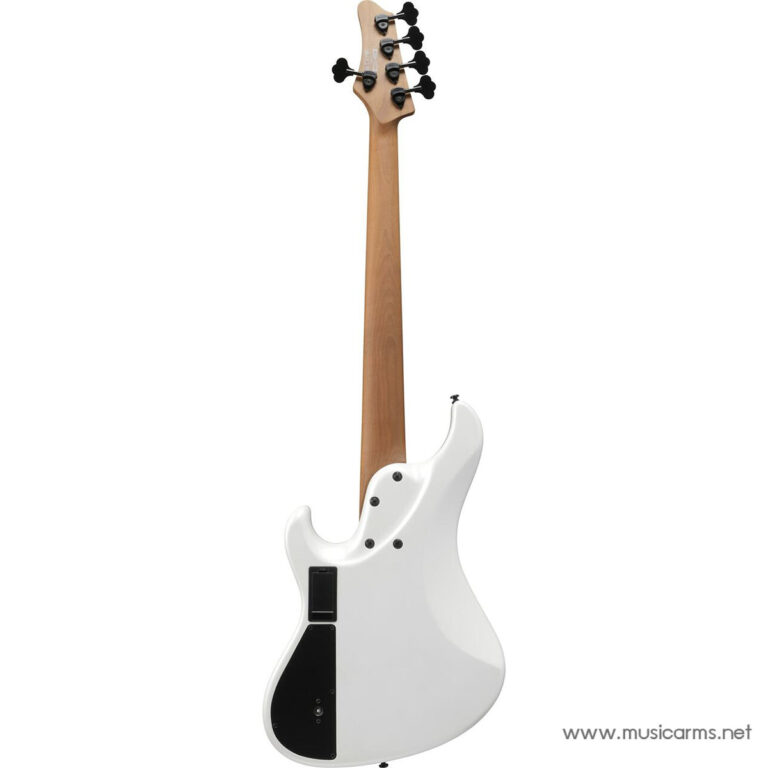 Rear view of a white electric guitar with a natural wood neck and headstock, showing tuning pegs and black control cavities; Musicars.net watermark ขายราคาพิเศษ
