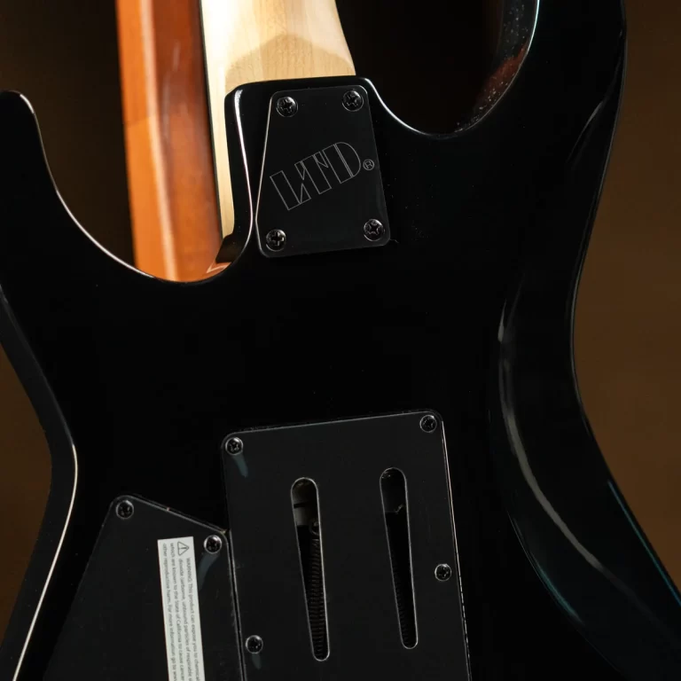 Close-up of a black electric guitar's back, showing the neck plate with LTND engraving and rear control cavities with screws visible on glossy finish. ขายราคาพิเศษ